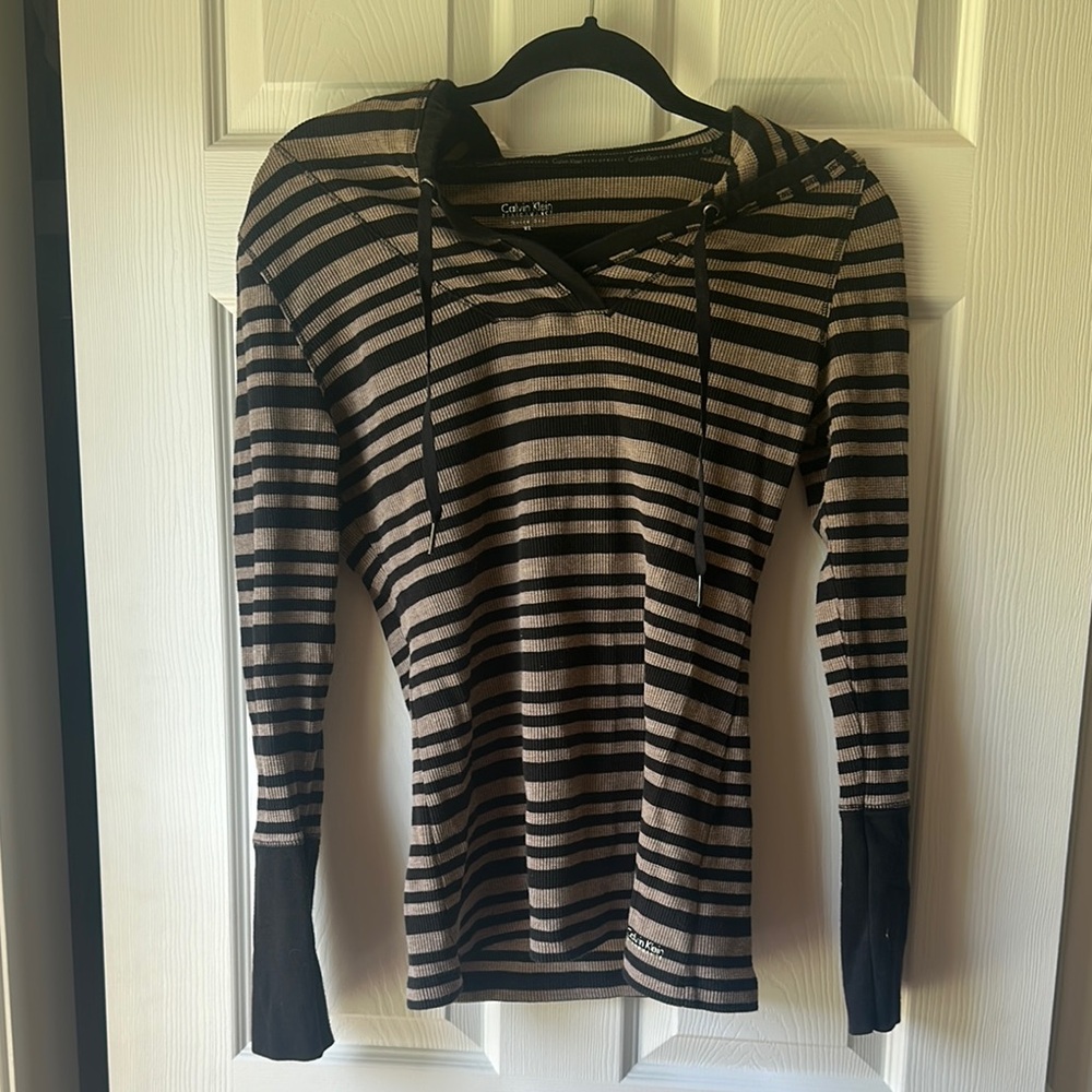 Calvin Klein Striped Waffle Hooded Long Sleeve Tee with Drawstring